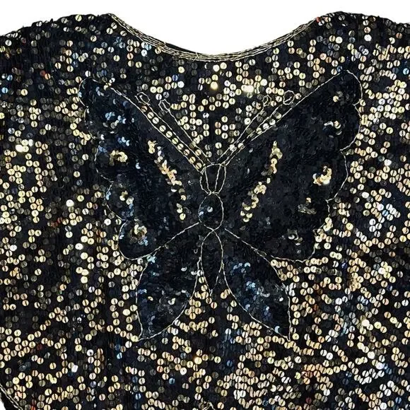 Vintage Women’s Sz S NWT Black Gold Sequin Butterfly Top 70s Deadstock Silk Boho